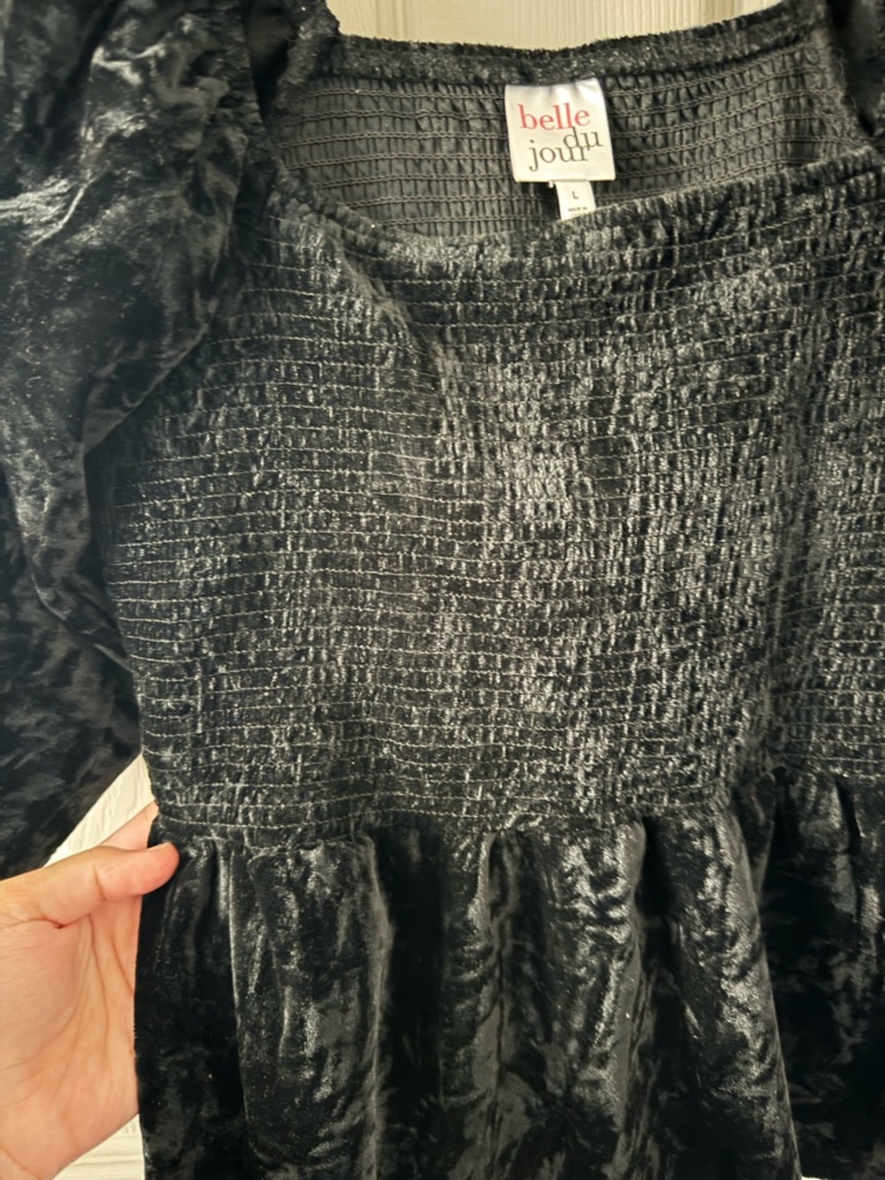 Belle Du Jour Black Velvet Smocked Peplum Blouse - Picture 3 of 3